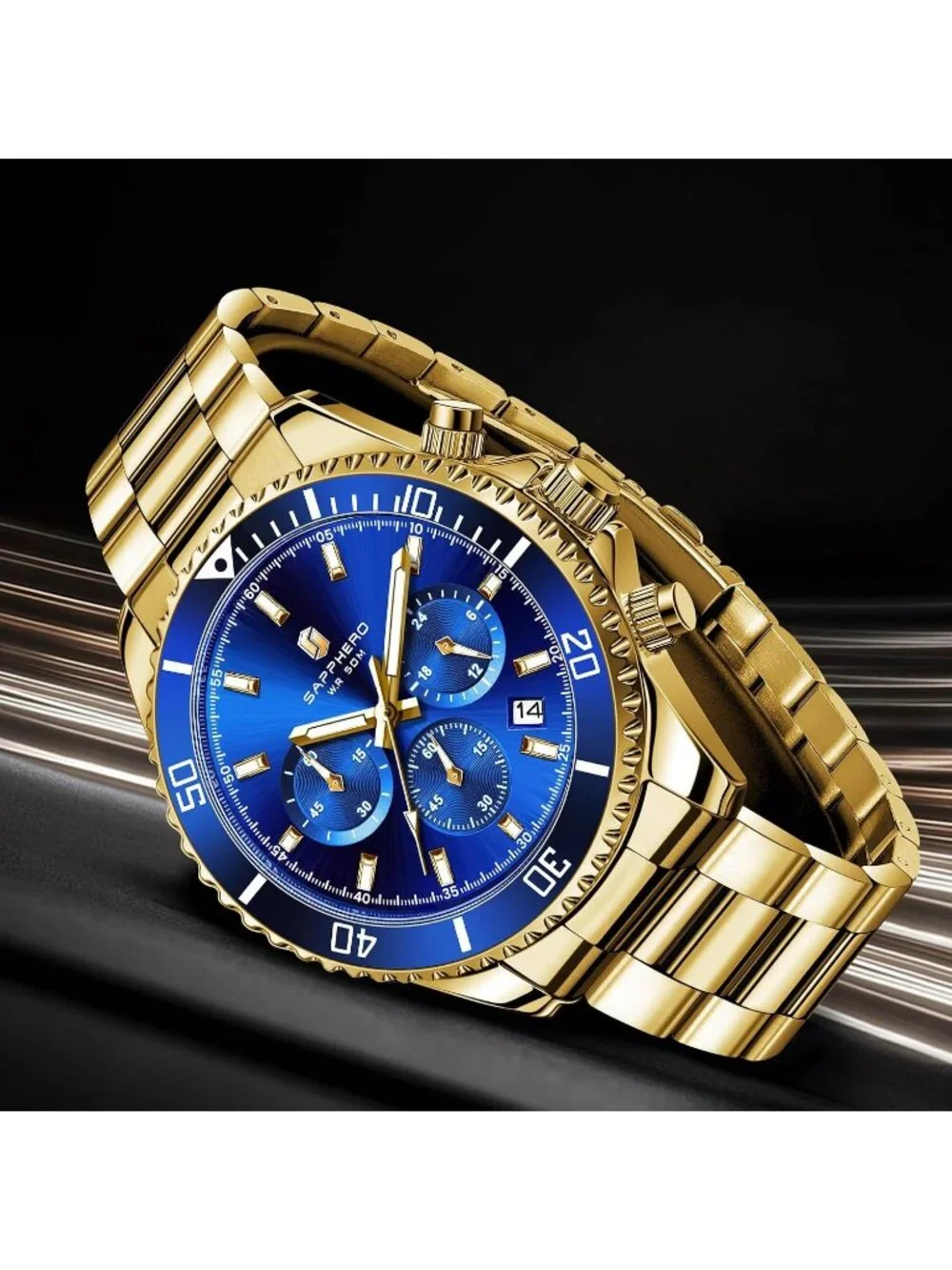 Men's Gold Strap Blue Face Chronograph Stainless Steel Waterproof Wrist Watch